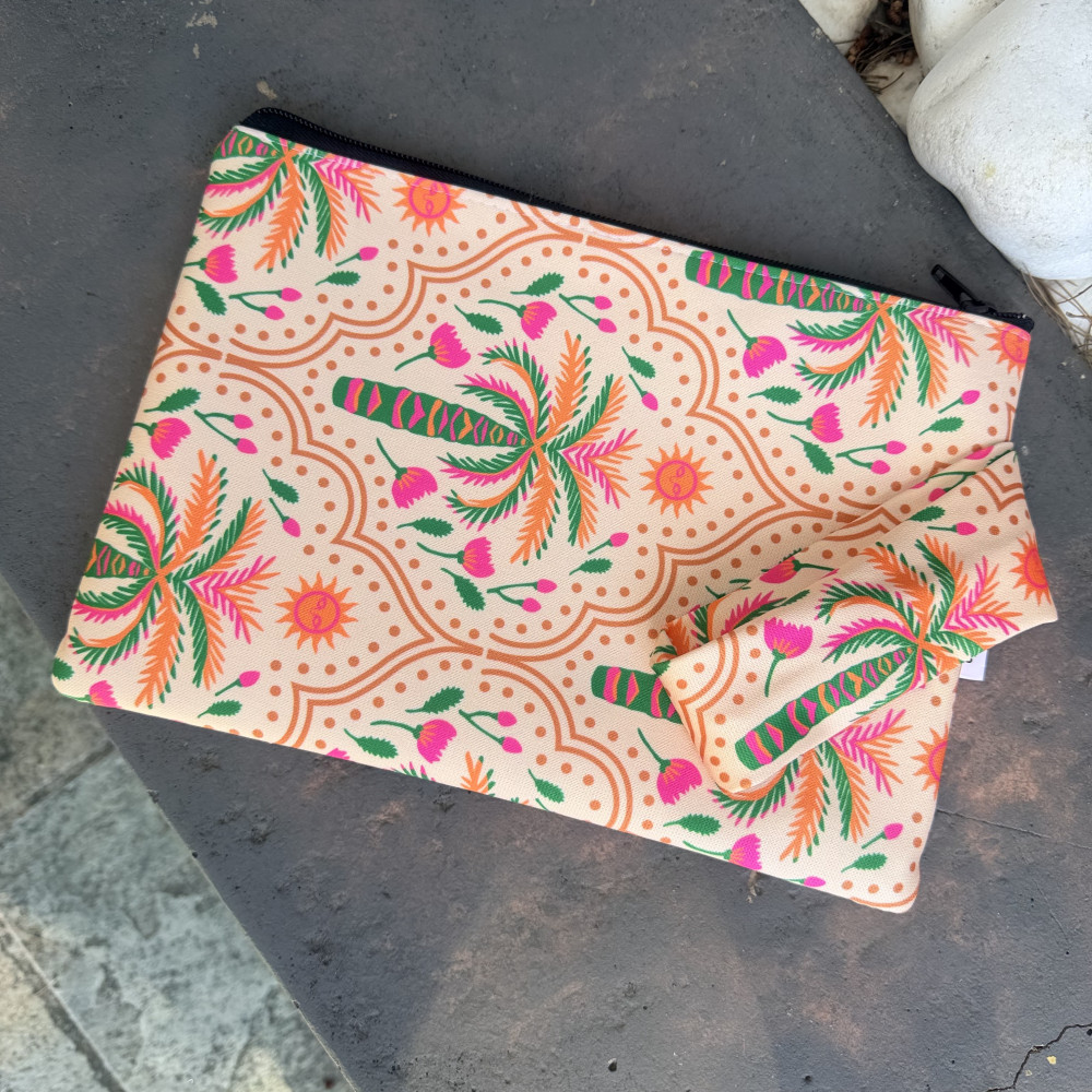 Pouch Pink Tropicana by Strechbio tropical pouch strechbio με φοίνικες και λουλούδια