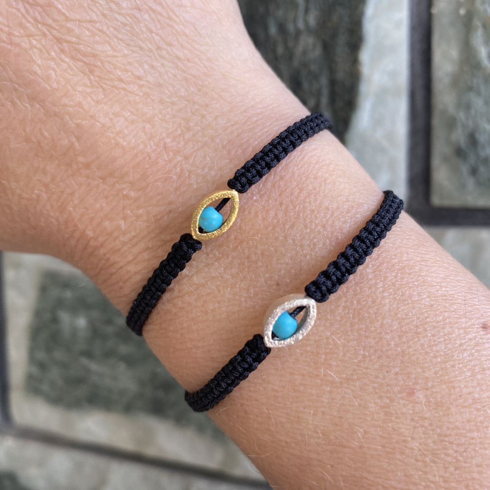 χειροποίητο βραχιόλι μάτι με ασήμι 925 και μαύρο κορδόνι