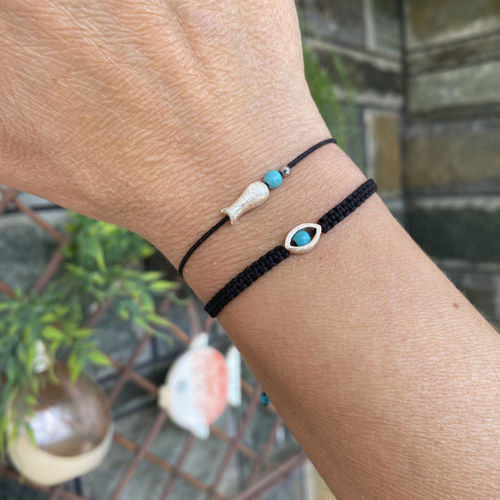 χειροποίητο βραχιόλι μάτι με ασήμι 925 και μαύρο κορδόνι