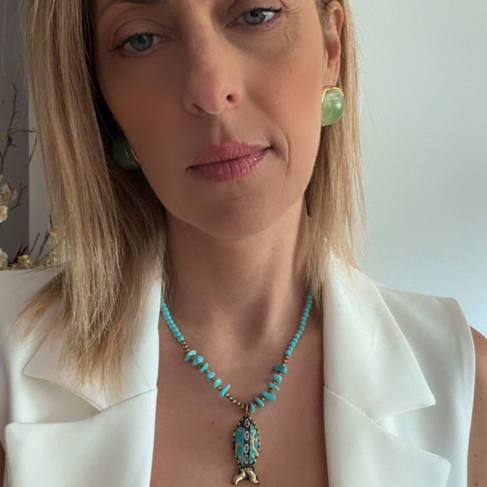 κολιέ τυρκουάζ χαολίτες με ψάρι και αιματίτες