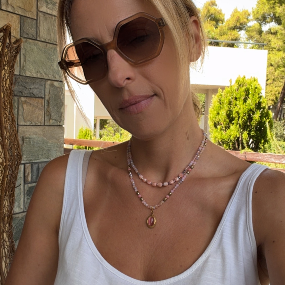 κολιέ rose glow με ροζ νεφρίτη και κρυσταλλάκια σε ατσάλινη αλυσίδα