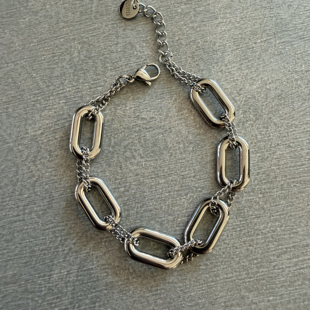 ατσάλινο βραχιόλι με κρίκους και αλυσίδα ασημί minimal