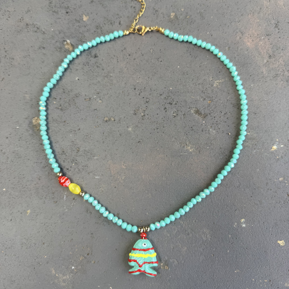 Necklace Nemo με Γυάλινο Ψαράκι κολιέ με γυάλινο ψαράκι και τυρκουάζ κρυσταλλάκια