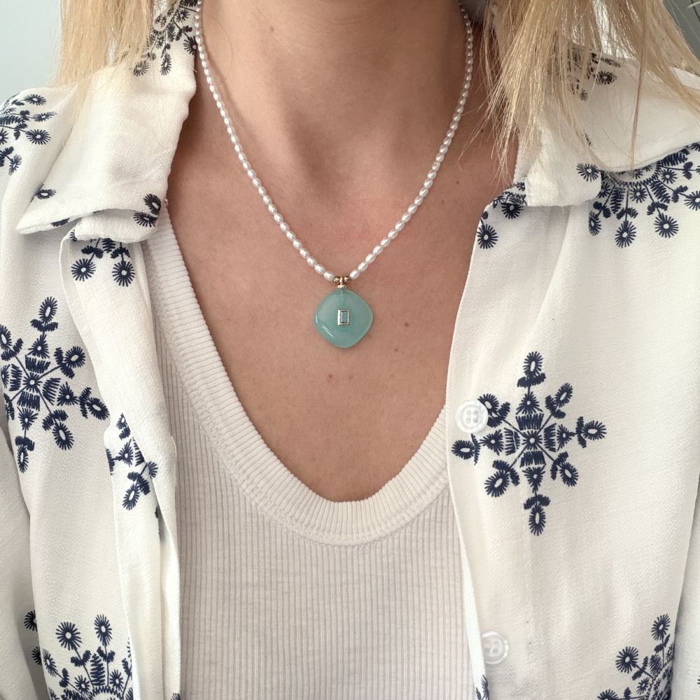 Necklace Aqua Lumière με Πέρλες και Ζιργκόν κολιέ με γυάλινες πέρλες και aqua ημιπολύτιμο στοιχείο