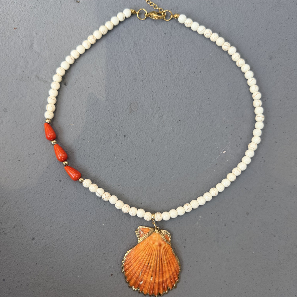 Sunset Shell Necklace κολιέ με φυσικό πορτοκαλί κοχύλι χαολίτες και αιματίτες
