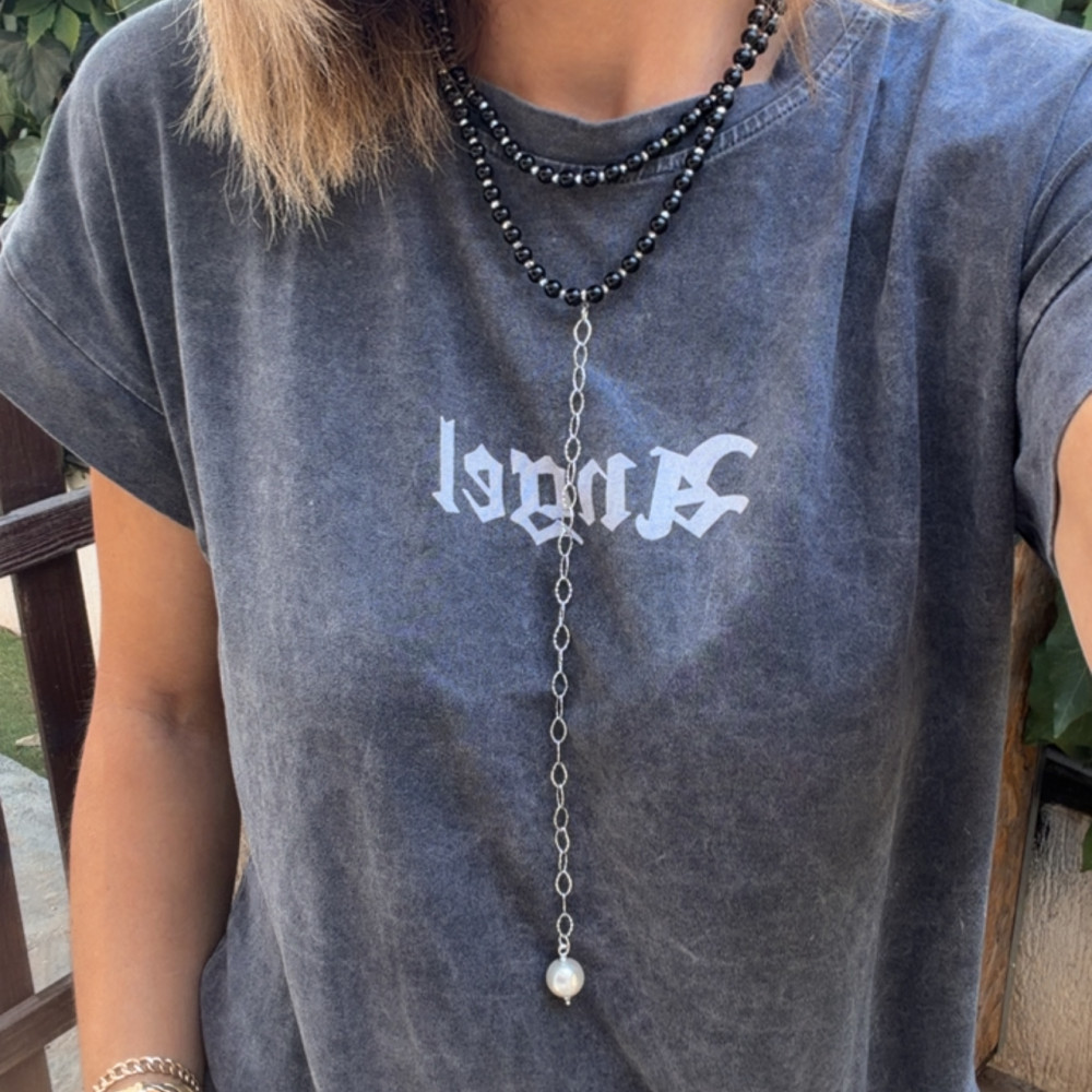 Livia Necklace κολιέ με μαύρες γυάλινες πέρλες και ατσάλινη αλυσίδα