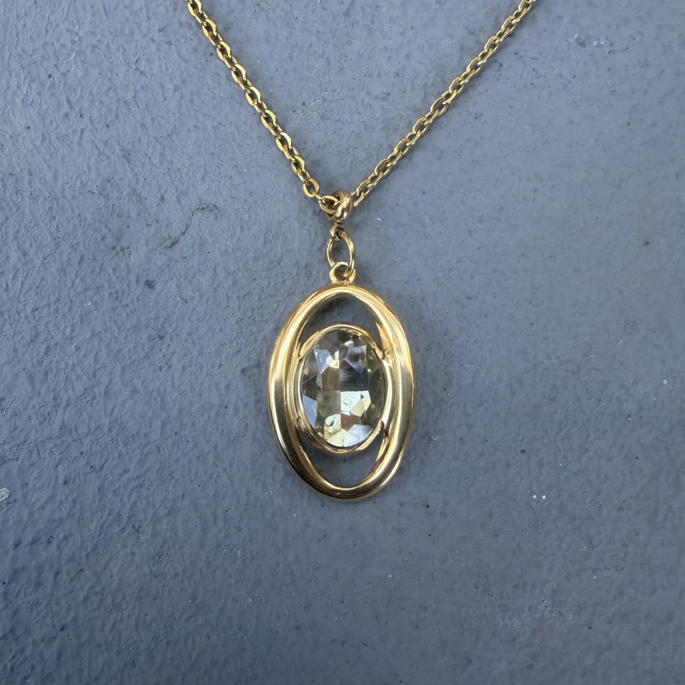 Oval Grace χρυσό ατσάλινο κολιέ με διπλό οβάλ κρεμαστό 3 εκ. και διάφανο ζιργκόν
