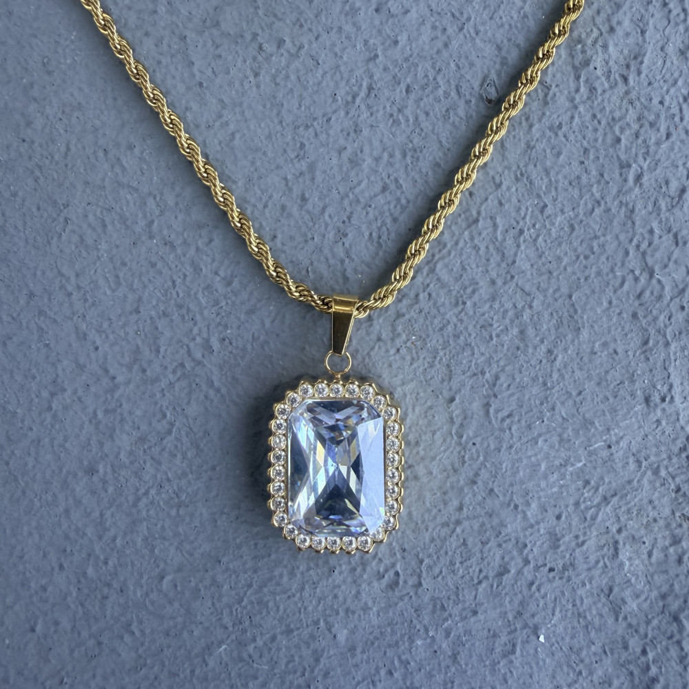 Crystal Muse χρυσό ατσάλινο κολιέ με ορθογώνιο διάφανο ζιργκόν και μικρά ζιργκόν περιμετρικά