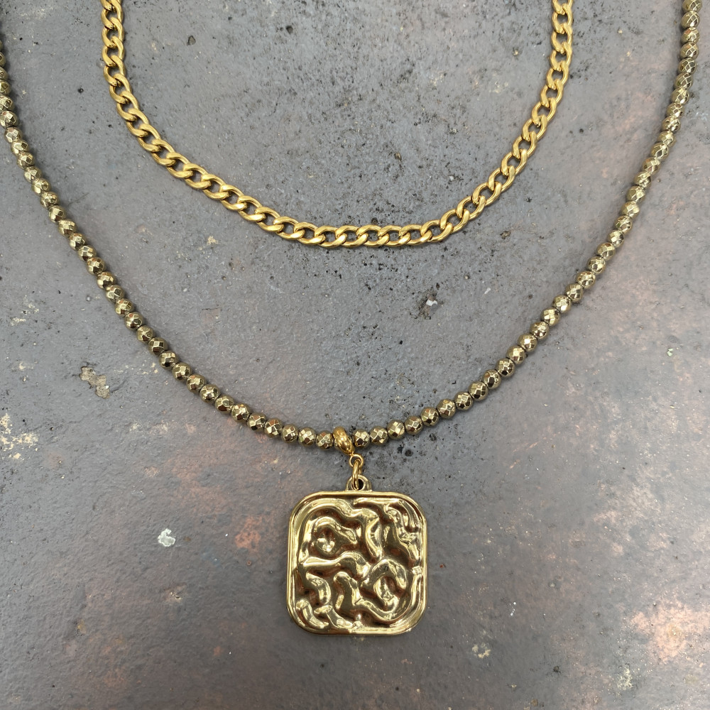 Golden Layers double necklace with gold chain and stainless steel elements διπλό κολιέ golden layers με χρυσή αλυσίδα και ατσάλινα στοιχεία