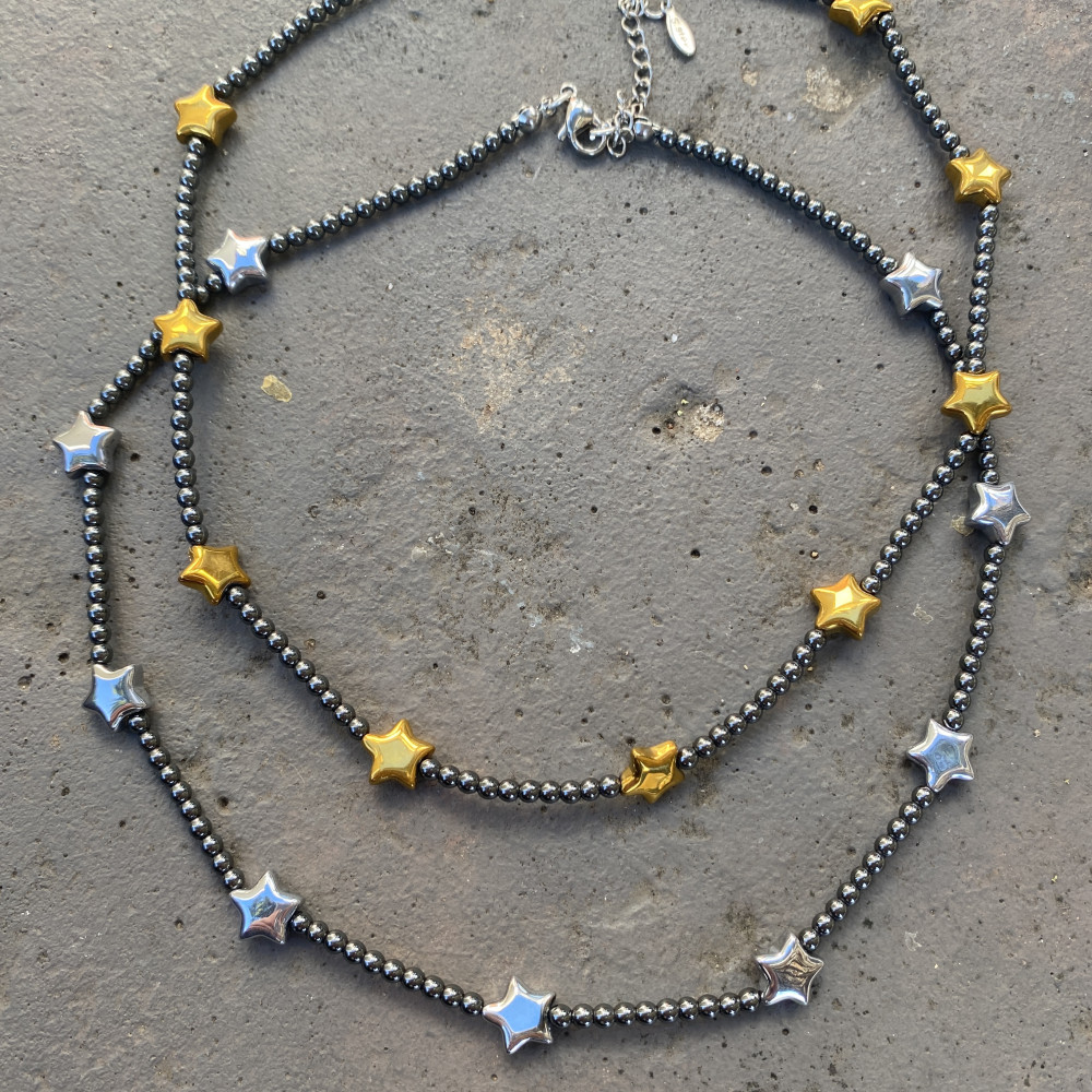 StarTrail necklace with star elements and hematite stones κολιέ startrail με αστεράκια και πέτρες αιματίτη