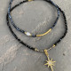 "Blueblack Elegance"-κολιέ με blueblack κρσταλλάκια & άσπρη πέρλα Κολιέ Με Επιχρυσωμένες Μεταλλικές Χάντρες