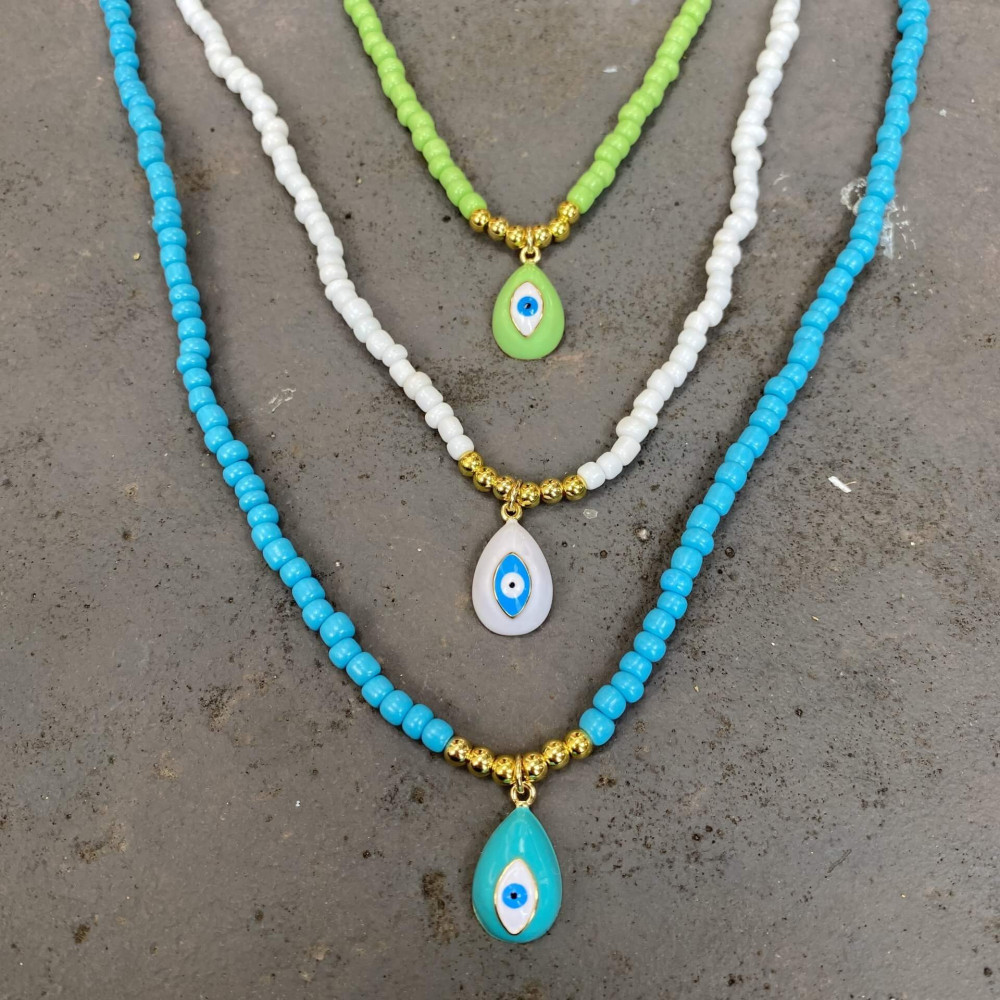 "Evil Eye Charm"- κολιέ με γυάλινες χάντρες Προσαρμόσιμη ατσάλινη αλυσίδα με μοτίφ μάτι