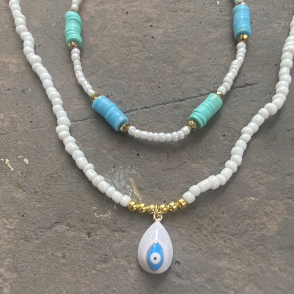 "Evil Eye Charm"- κολιέ με γυάλινες χάντρες Προσαρμόσιμη ατσάλινη αλυσίδα με μοτίφ μάτι