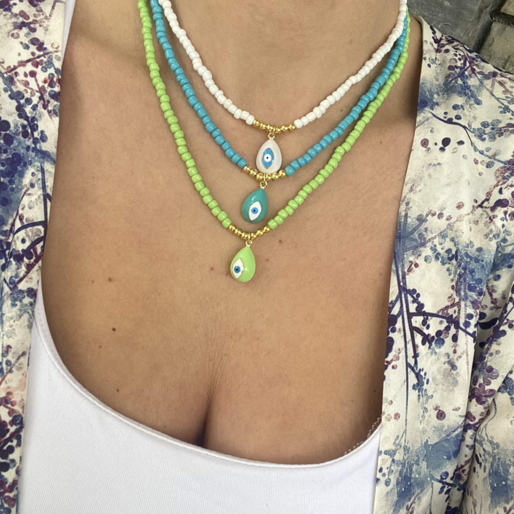 "Evil Eye Charm"- κολιέ με γυάλινες χάντρες Προσαρμόσιμη ατσάλινη αλυσίδα με μοτίφ μάτι