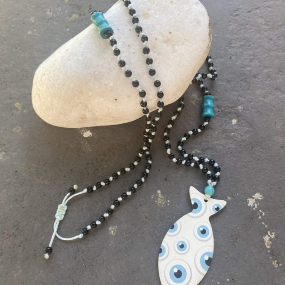 Evil Eye Fish-κολιέ με ξύλινο ψάρι με μοτίβο “μάτι” Κολιέ με ακρυλικές μαύρες χάντρες , ξύλινες γαλάζιες χάντρες