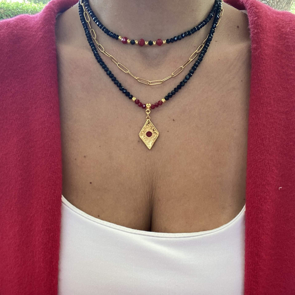 "Red Luxury"-κολιέ με μοτίφ με κόκκινο σμάλτο Κολιέ με μαύρα και κόκκινα κρυσταλλάκια