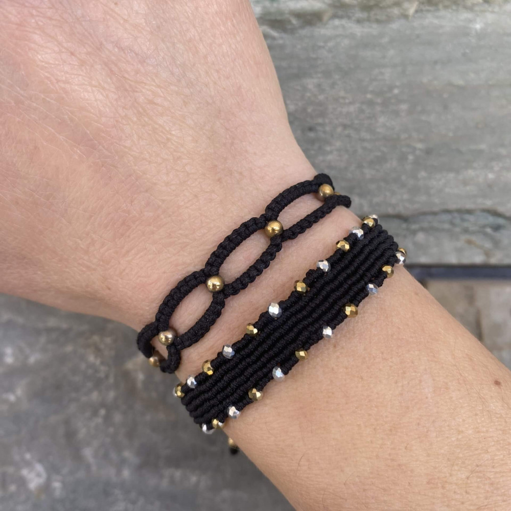 "Dark Sparkle" βραχιόλι με χρυσά και ασημί κρυσταλλάκια Μακραμέ βραχιόλι με μαύρο κορδόνι